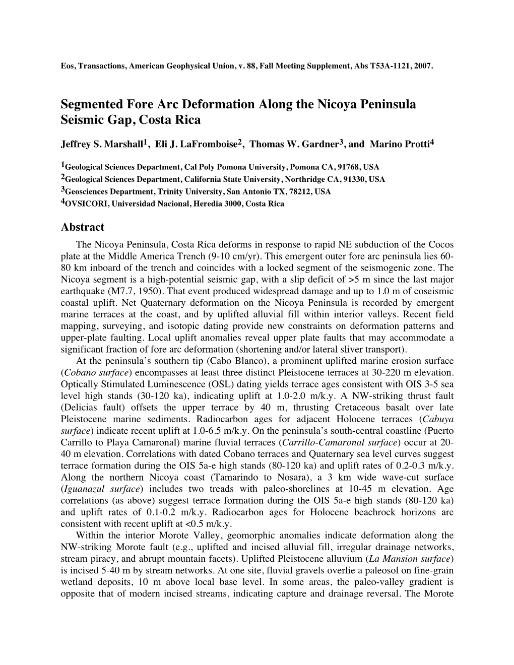 Segmented Fore Arc Deformation Along the Nicoya Peninsula Seismic Gap, Costa Rica