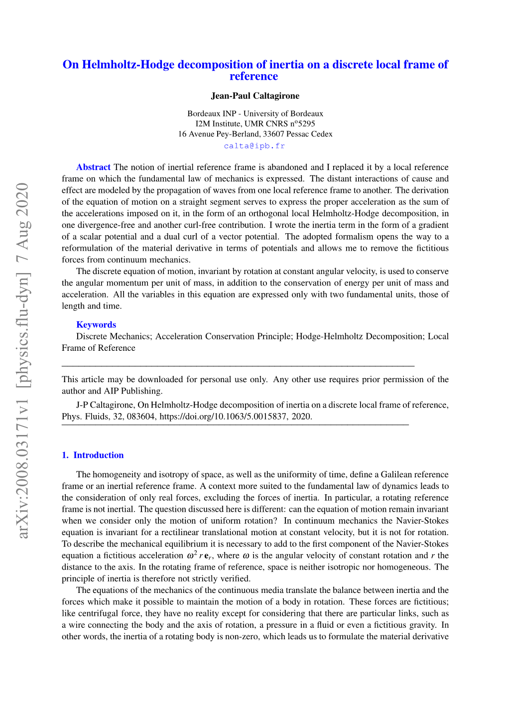 On Helmholtz-Hodge Decomposition of Inertia on a Discrete Local Frame