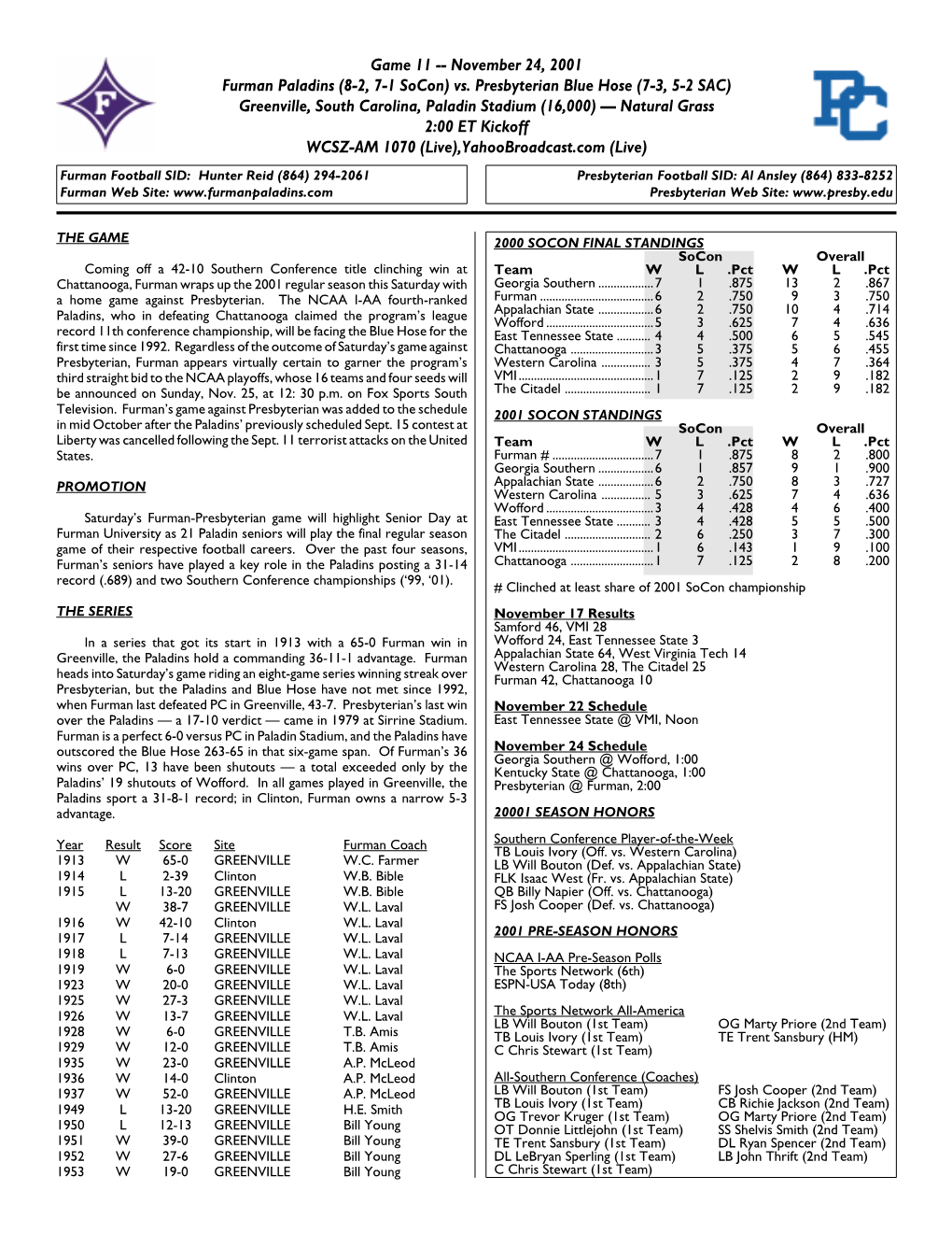 Game 11 -- November 24, 2001 Furman Paladins (8-2, 7-1 Socon) Vs