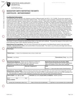 Mandatory Birth Reporting for Birth Certificate - Mother/Parent