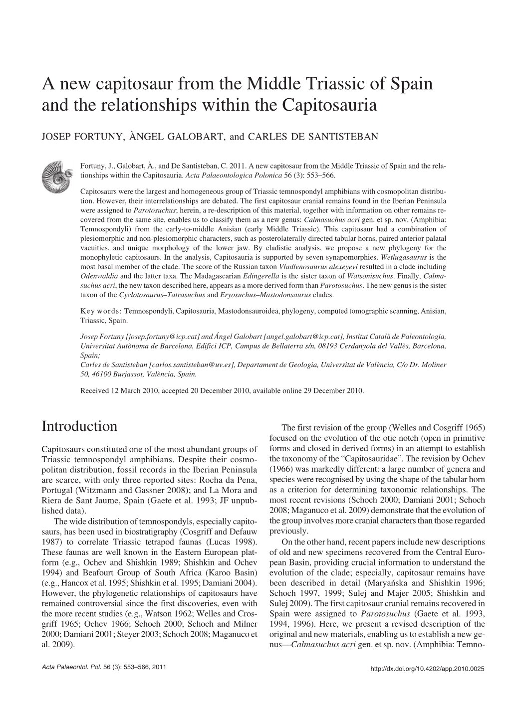 A New Capitosaur from the Middle Triassic of Spain and the Relationships Within the Capitosauria