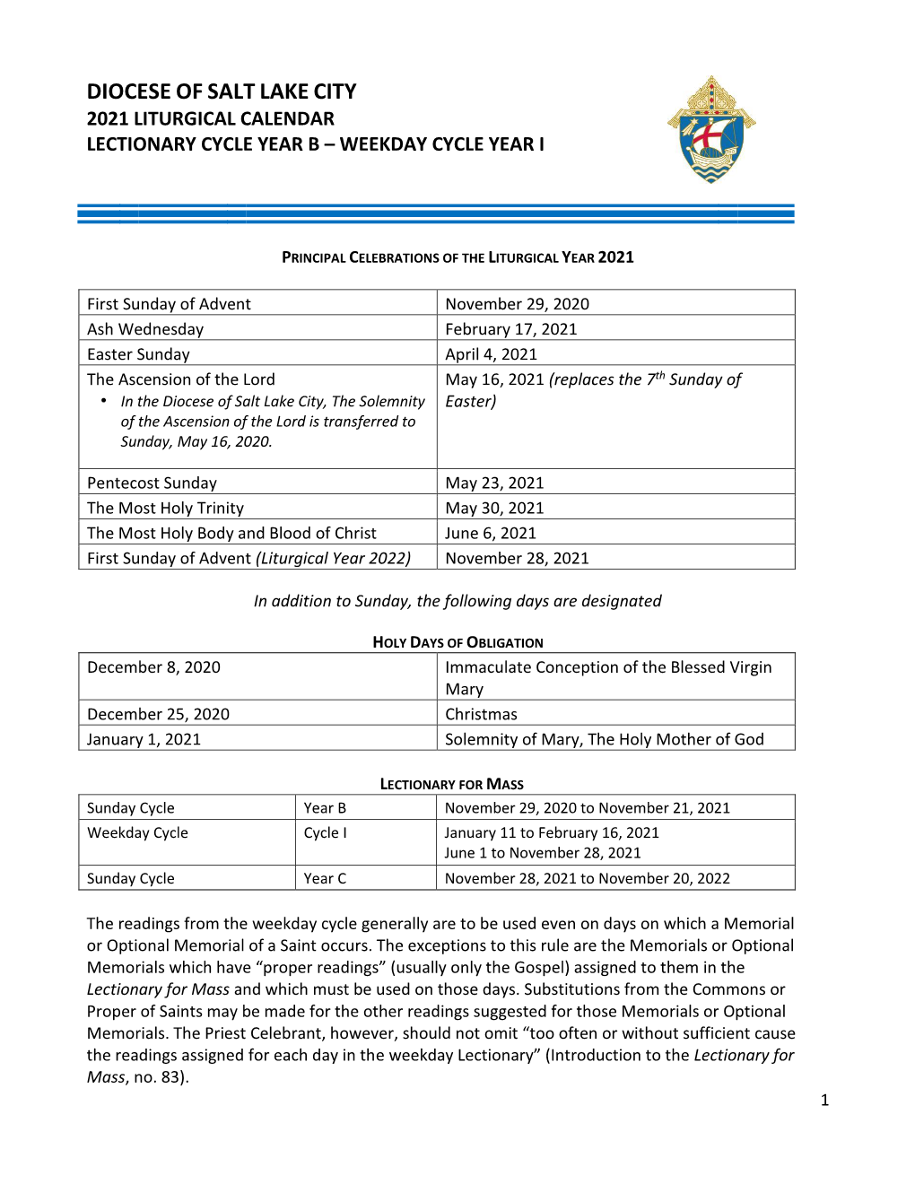 2021 Liturgical Calendar Lectionary Cycle Year B – Weekday Cycle Year I