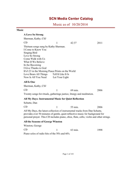 Music As of SCN Media Center Catalog 10/20/2014