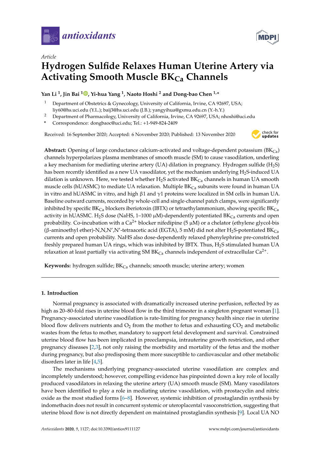 Hydrogen Sulfide Relaxes Human Uterine Artery Via Activating Smooth