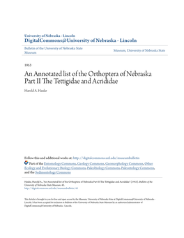 An Annotated List of the Orthoptera of Nebraska Part II the Tettigidae and Acrididae