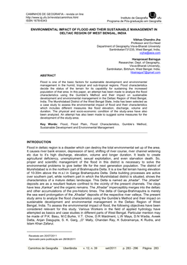 ENVIRONMENTAL IMPACT of FLOOD and THEIR SUSTAINABLE MANAGEMENT in DELTAIC REGION of WEST BENGAL, INDIA1 INTRODUCTION Flood in De