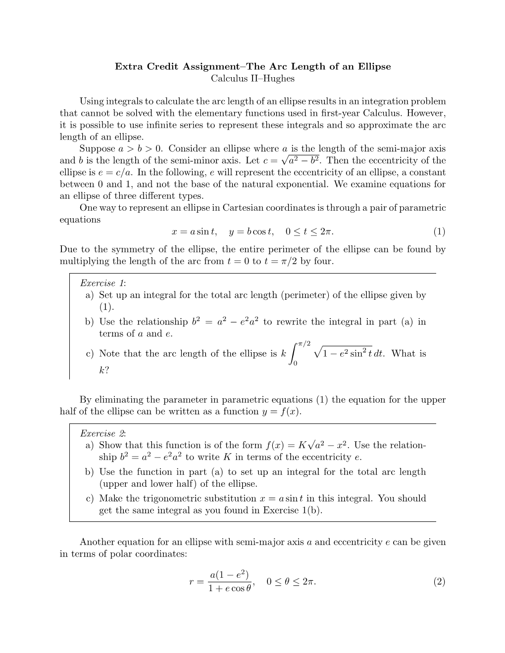 Extra Credit Assignment–The Arc Length of an Ellipse Calculus II–Hughes