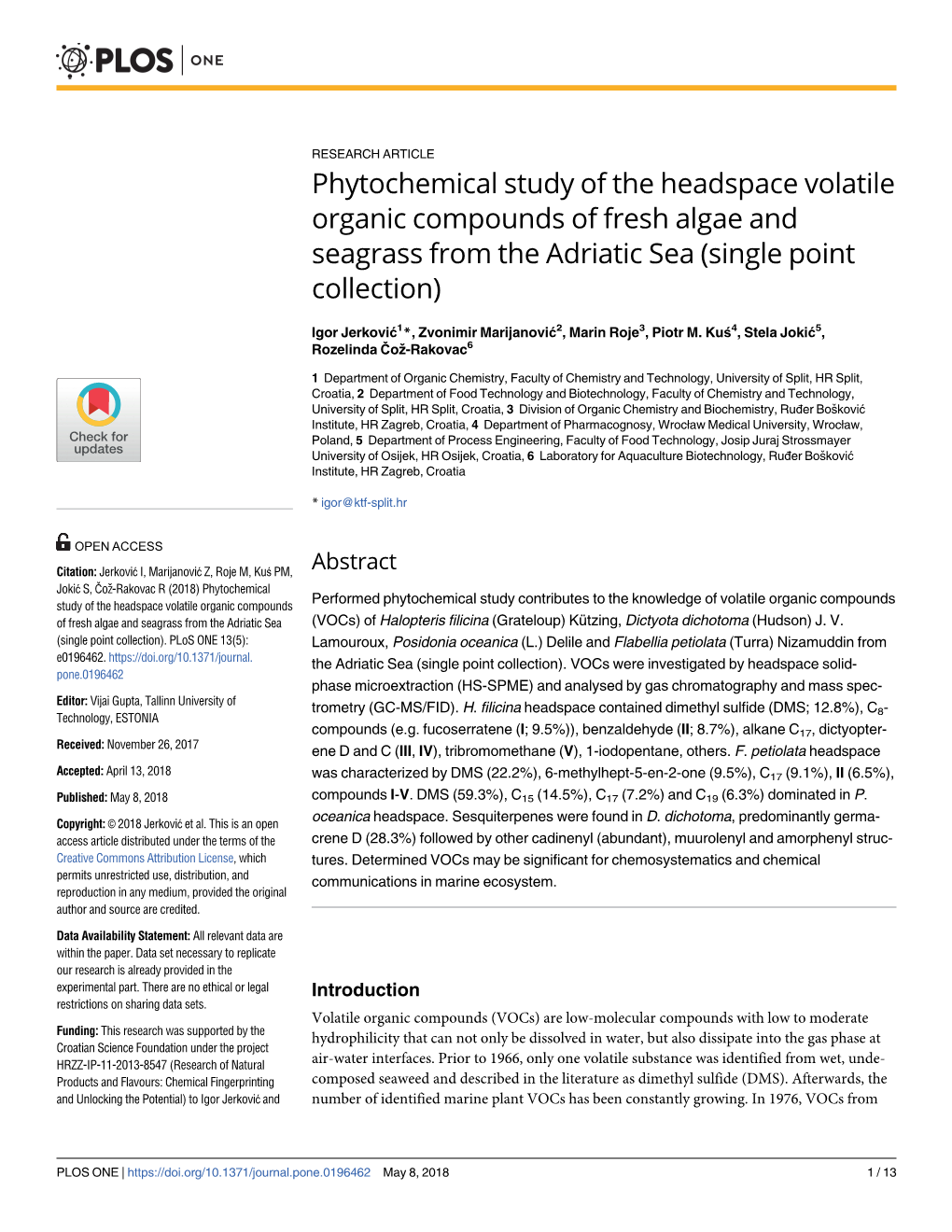 Phytochemical Study of the Headspace Volatile Organic Compounds of Fresh Algae and Seagrass from the Adriatic Sea (Single Point Collection)
