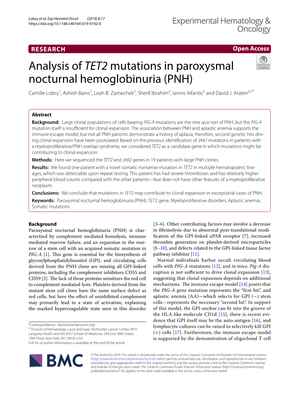 Analysis of TET2 Mutations in Paroxysmal Nocturnal Hemoglobinuria (PNH) Camille Lobry1, Ashish Bains2, Leah B