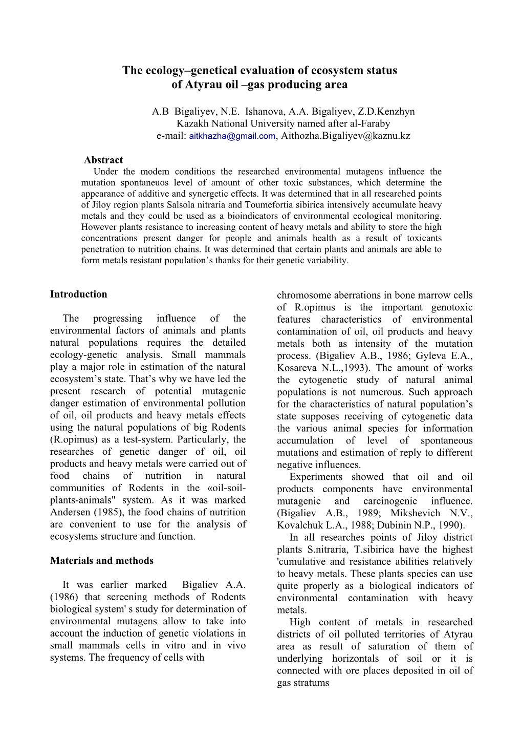 The Ecology–Genetical Evaluation of Ecosystem Status of Atyrau Oil –Gas Producing Area