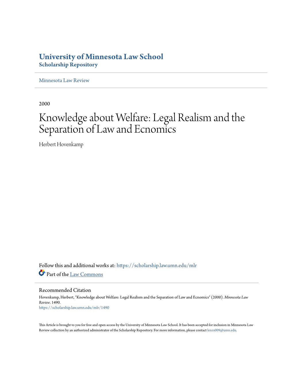 Legal Realism and the Separation of Law and Ecnomics Herbert Hovenkamp