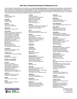 2011 Zoo & Aquarium Reciprocal Admissions List