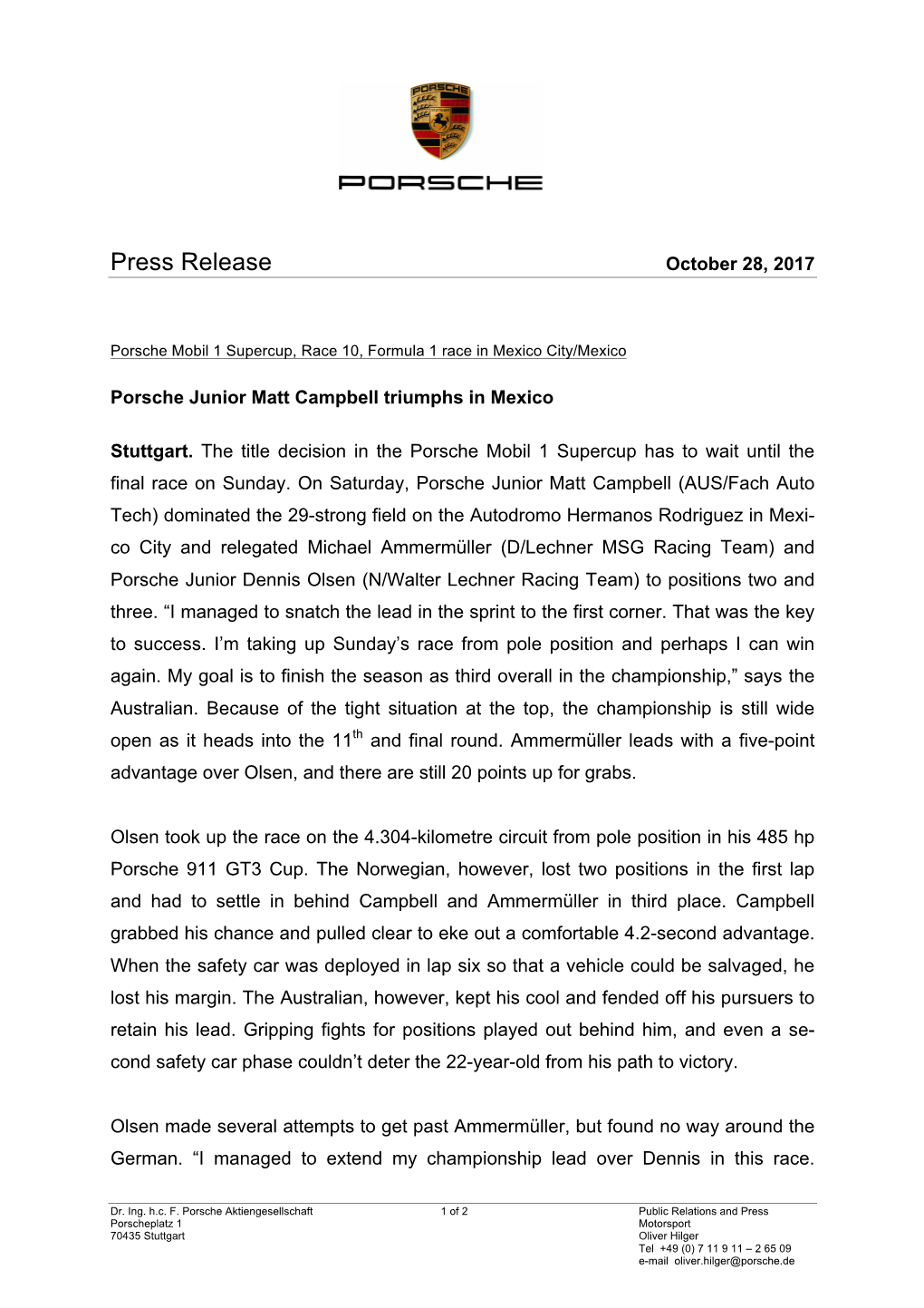 Press Release October 28, 2017