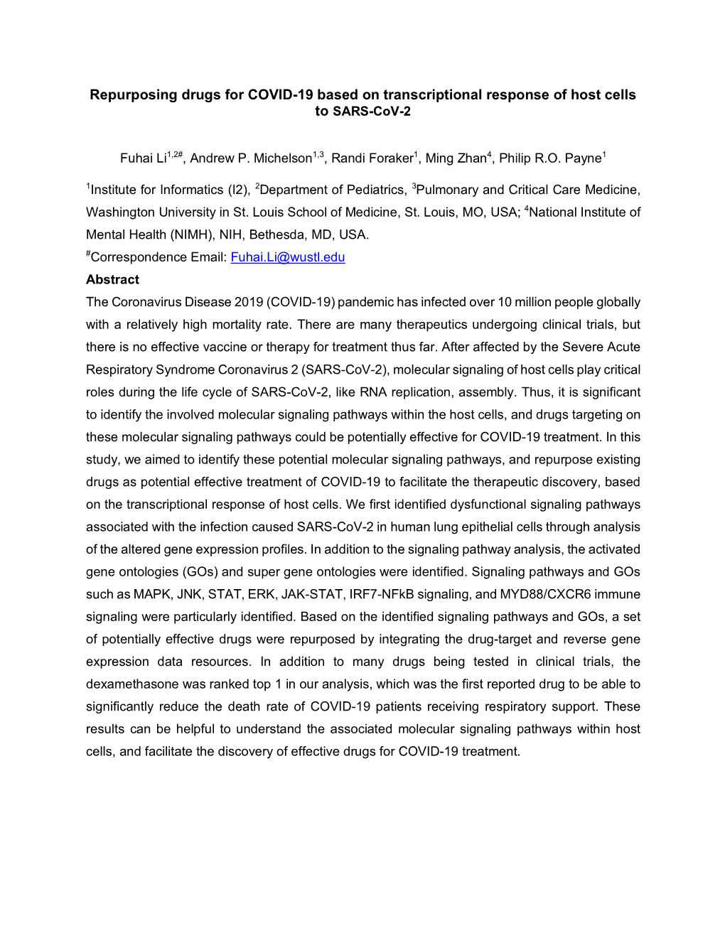 Repurposing Drugs for COVID-19 Based on Transcriptional Response of Host Cells to SARS-Cov-2