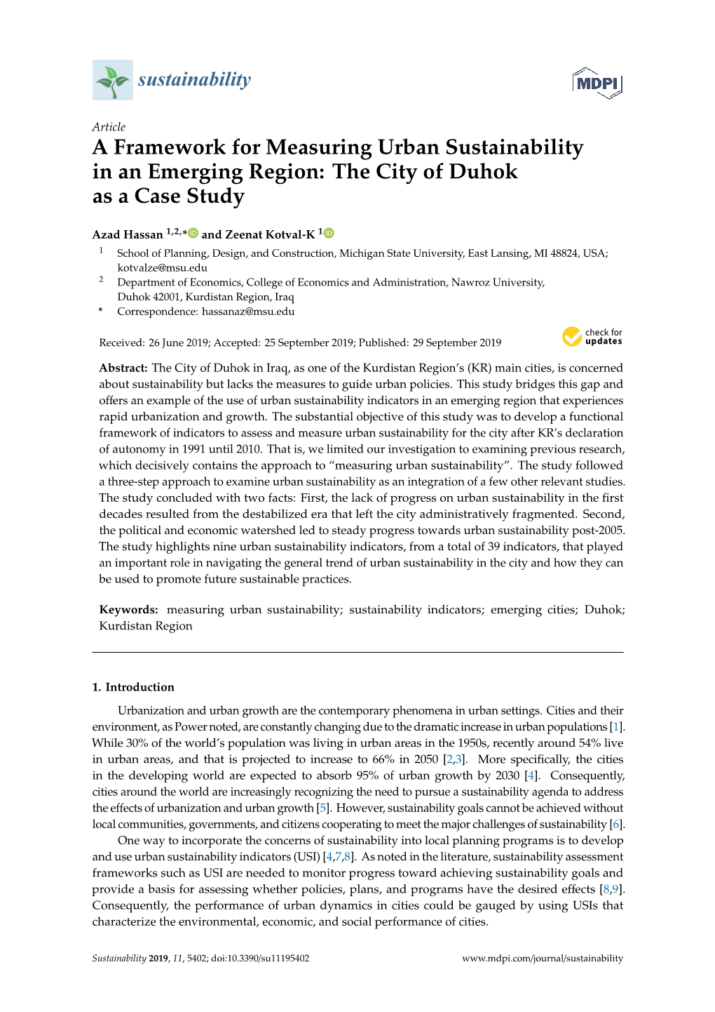 A Framework for Measuring Urban Sustainability in an Emerging Region: the City of Duhok As a Case Study