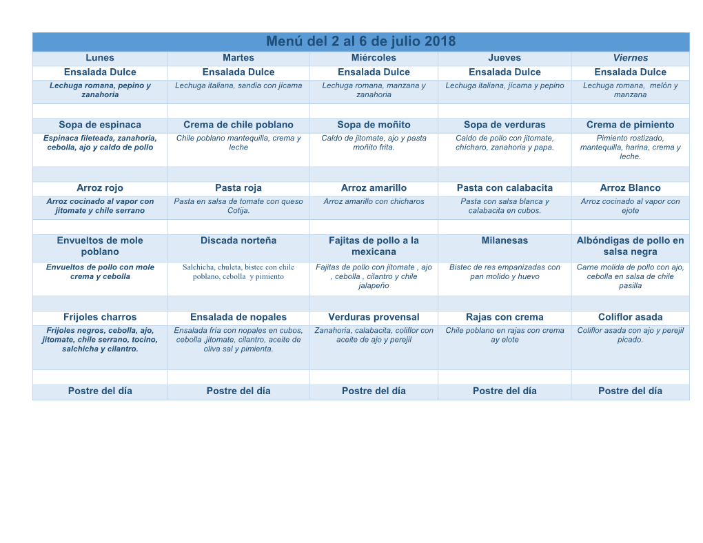 Menú Del 2 Al 6 De Julio 2018