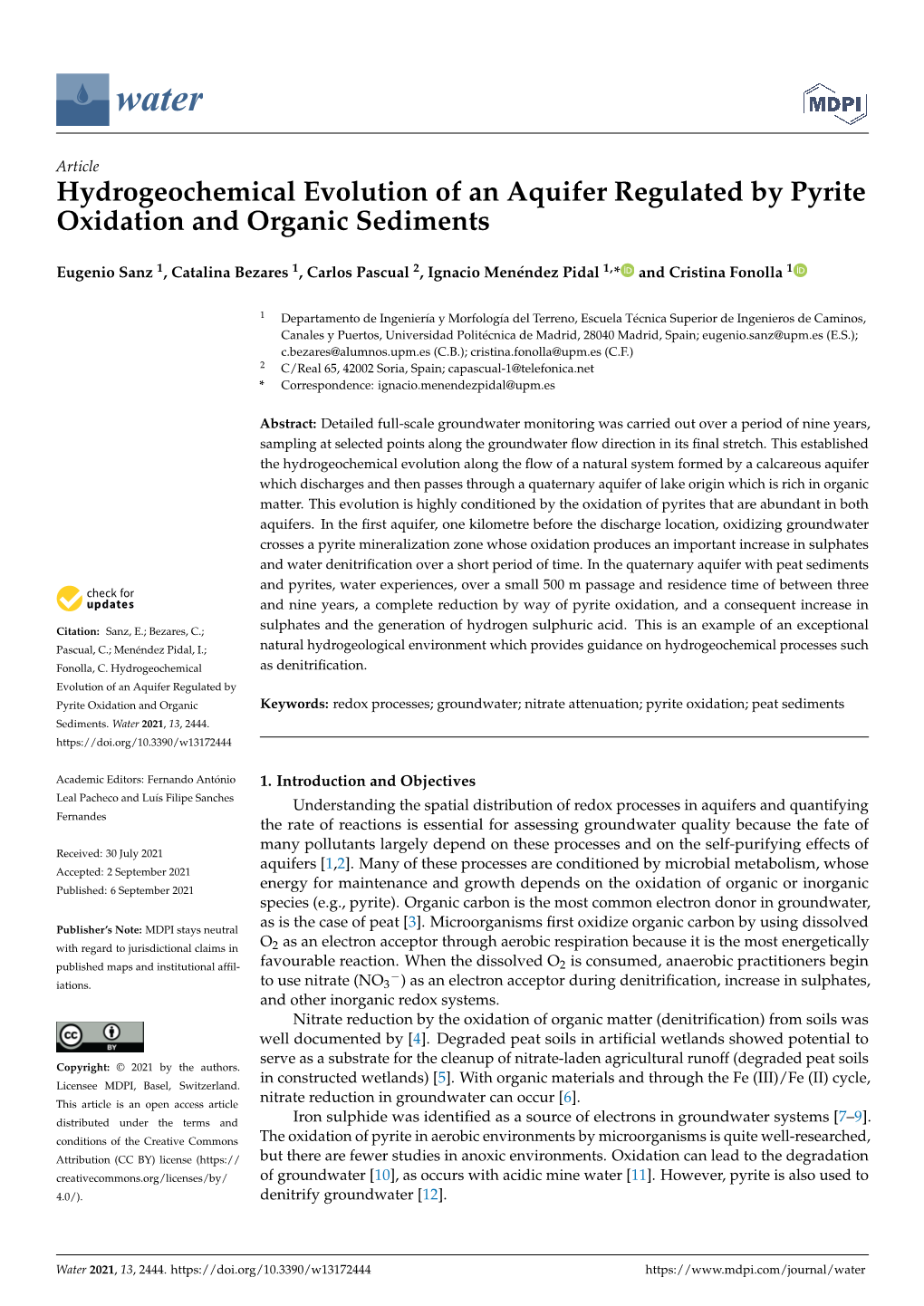 Hydrogeochemical Evolution of an Aquifer Regulated by Pyrite Oxidation and Organic Sediments