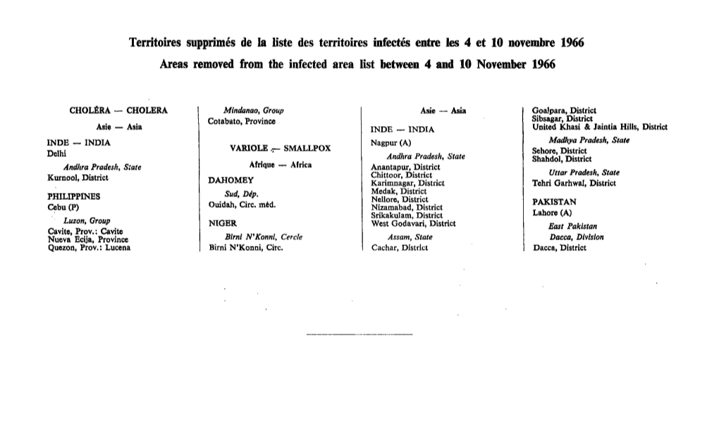 Territoires Supprimés De La Liste Des Territoires Infectés Entre Les 4 Et 10 Novembre 1966 Areas Removed from the Infected Area List Between 4 and 10 November 1966