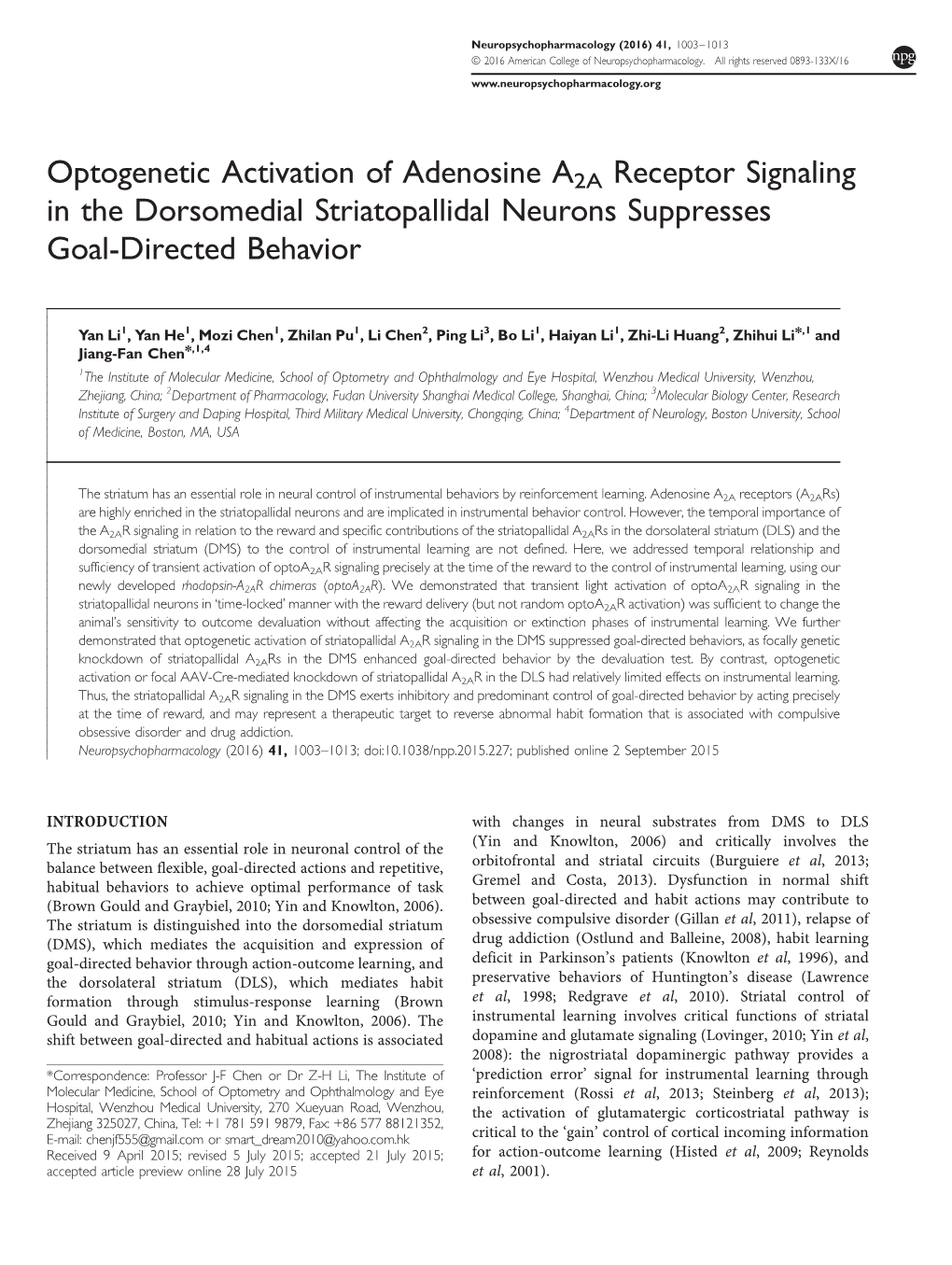 Optogenetic Activation of Adenosine A2A Receptor Signaling in the Dorsomedial Striatopallidal Neurons Suppresses Goal-Directed Behavior