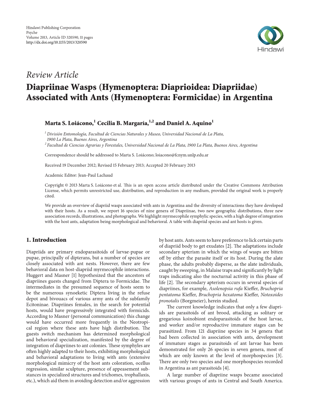 Diapriinae Wasps (Hymenoptera: Diaprioidea: Diapriidae) Associated with Ants (Hymenoptera: Formicidae) in Argentina