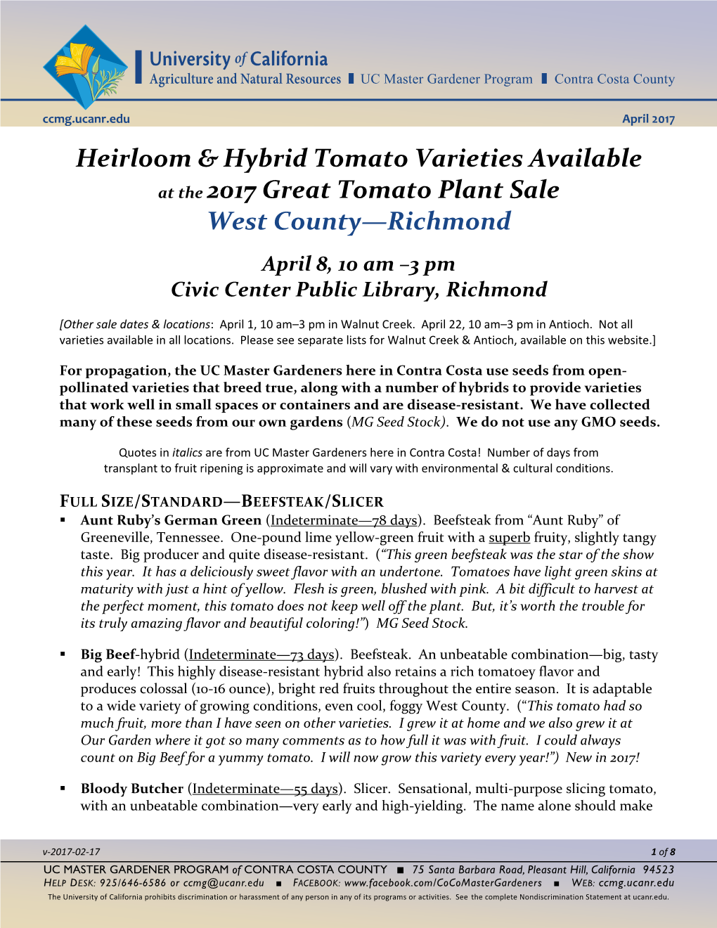 2017 Heirloom & Hybrid Tomato Varieties Available--Richmond