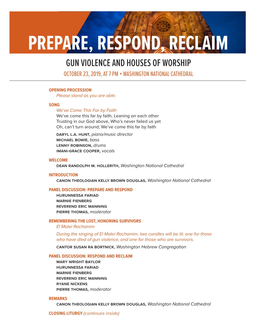 Prepare, Respond, Reclaim Gun Violence and Houses of Worship October 23, 2019, at 7 Pm • Washington National Cathedral