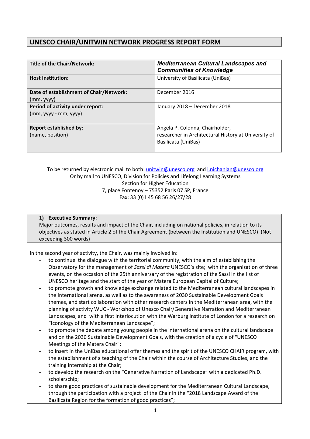 Unesco Chair/Unitwin Network Progress Report Form