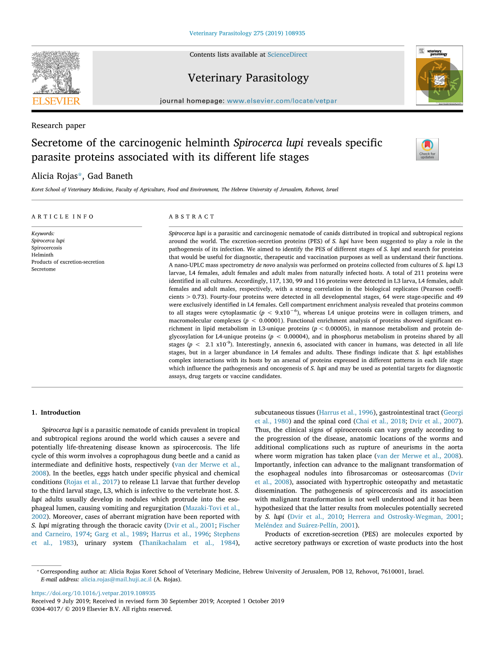 Secretome of the Carcinogenic Helminth Spirocerca Lupi Reveals Specific Parasite Proteins Associated with Its Different Life