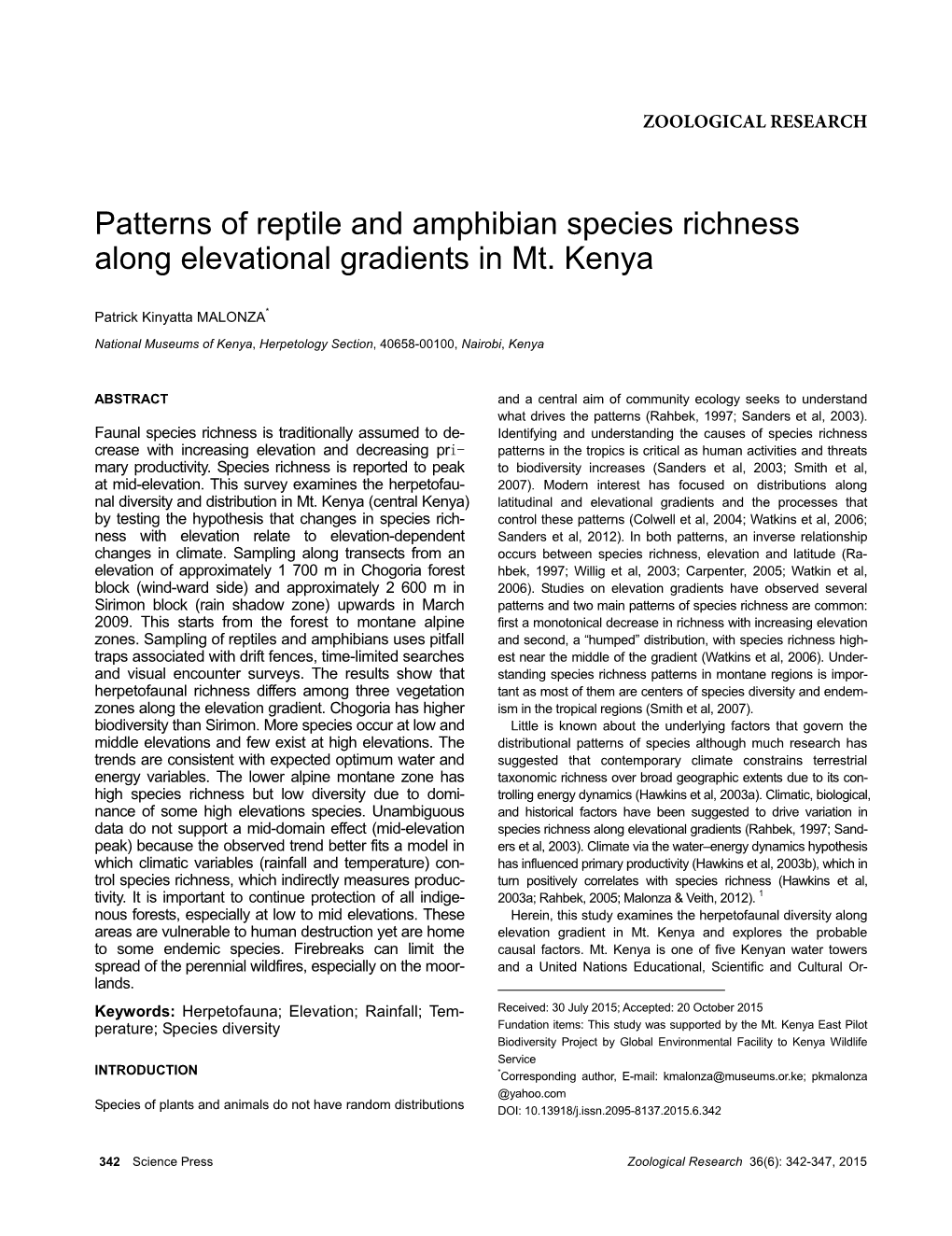 Patterns of Reptile and Amphibian Species Richness Along Elevational Gradients in Mt