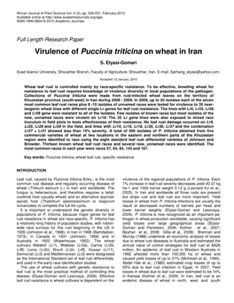 Virulence of Puccinia Triticina on Wheat in Iran