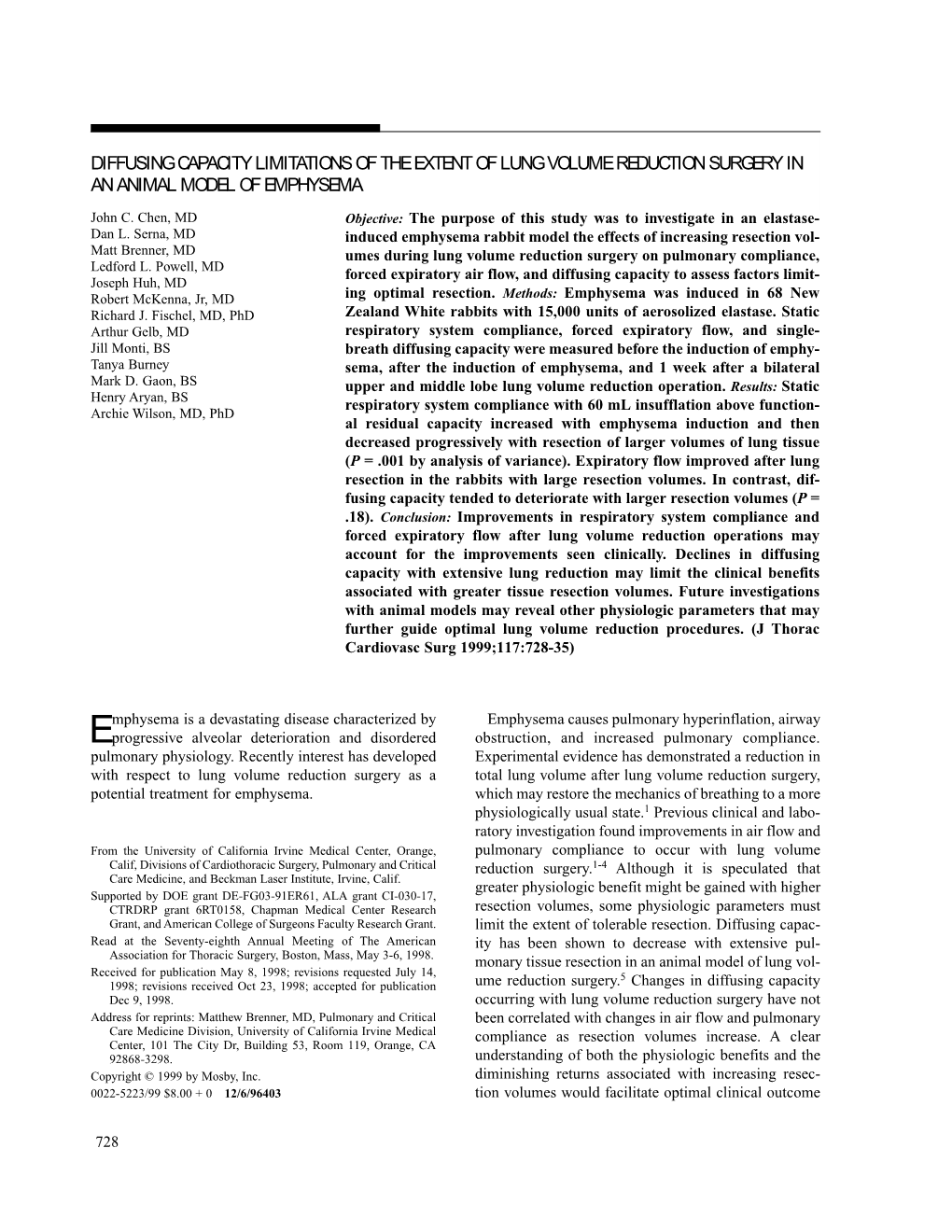 Diffusing Capacity Limitations of the Extent of Lung Volume Reduction Surgery in an Animal Model of Emphysema