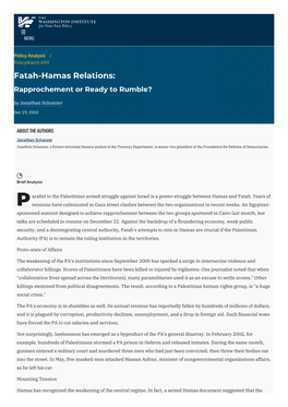 Fatah-Hamas Relations: Rapprochement Or Ready to Rumble? by Jonathan Schanzer