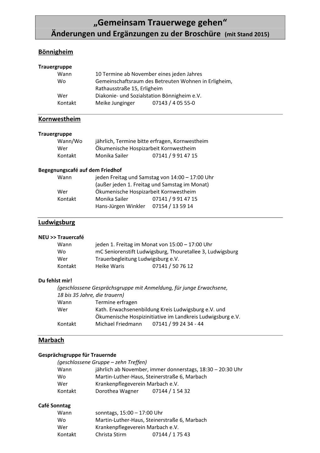 „Gemeinsam Trauerwege Gehen“ Änderungen Und Ergänzungen Zu Der Broschüre (Mit Stand 2015)