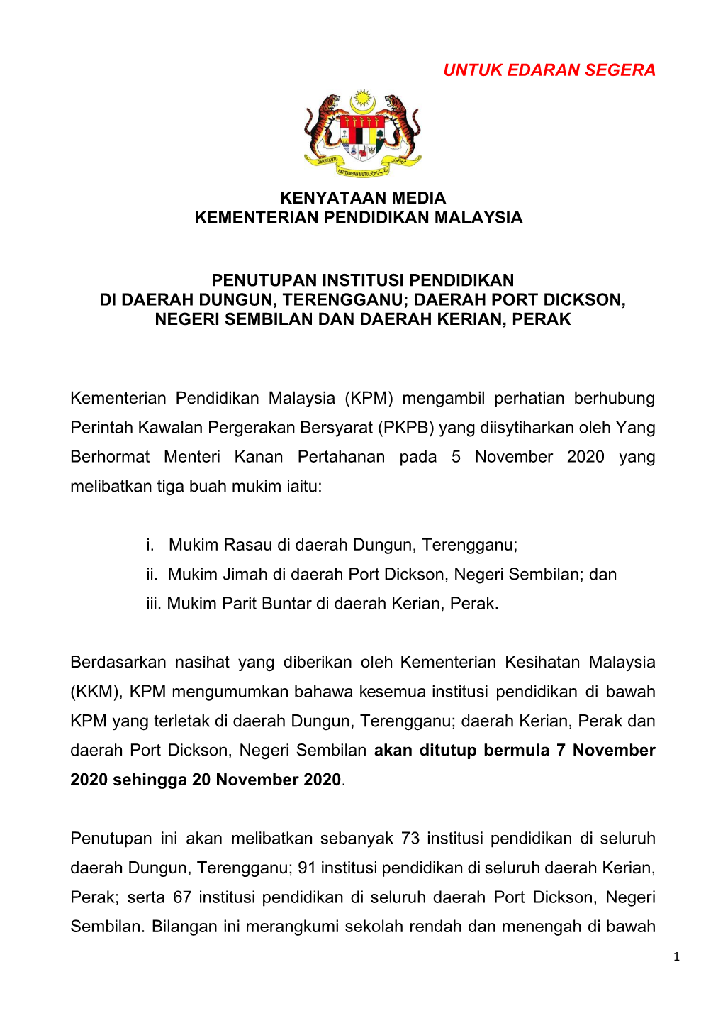 Untuk Edaran Segera Kenyataan Media