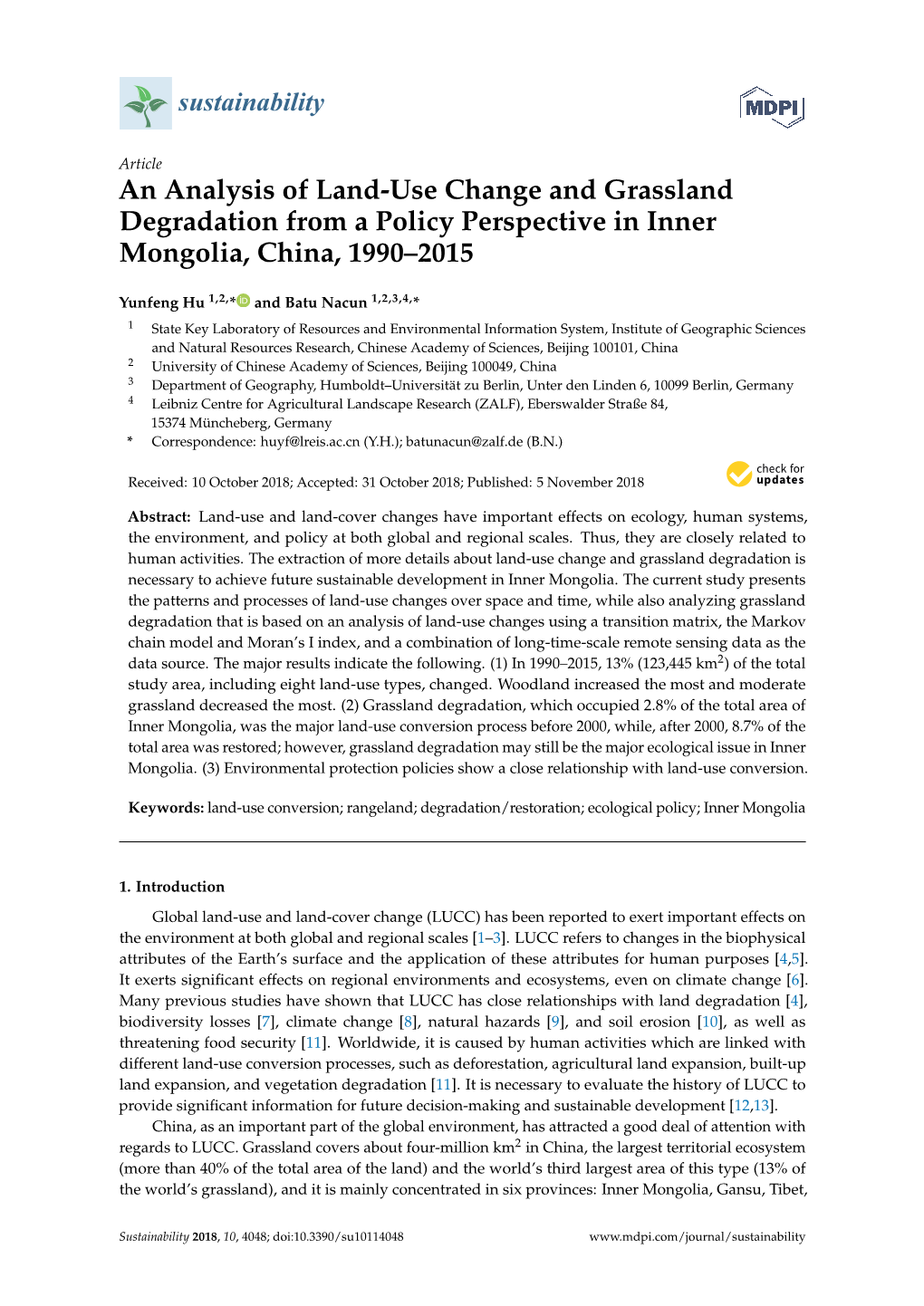 An Analysis of Land-Use Change and Grassland Degradation from a Policy Perspective in Inner Mongolia, China, 1990–2015