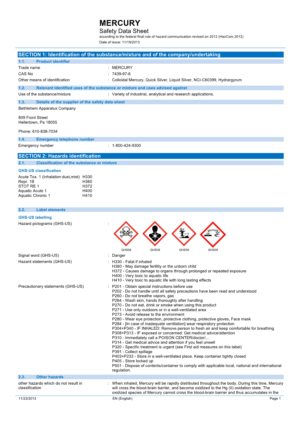 Mercury Safety Data Sheet (SDS) - DocsLib