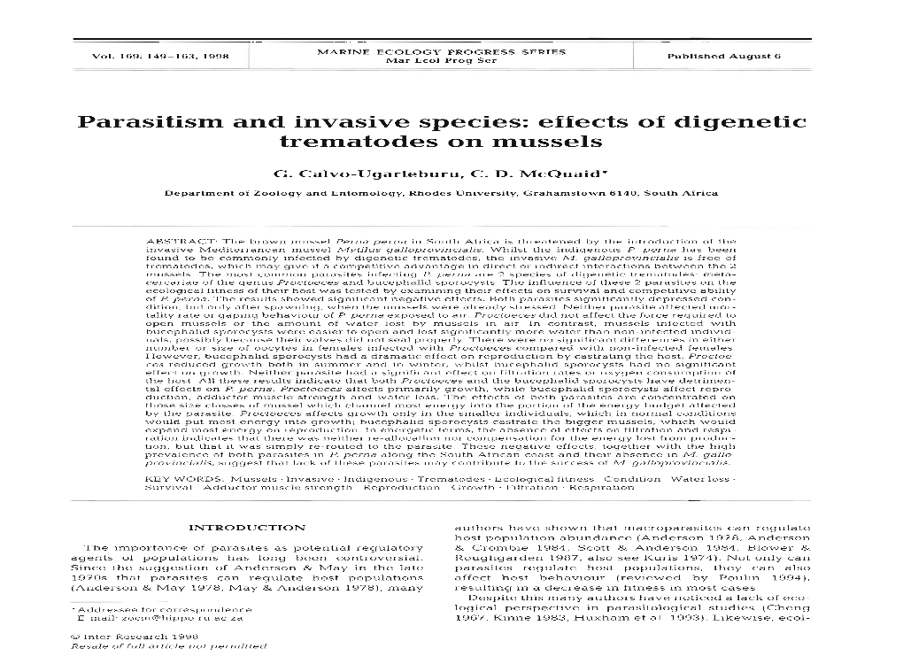 Parasitism and Invasive Species: Effects of Digenetic Trematodes on Mussels