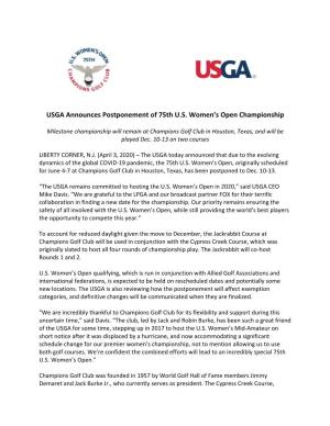 USGA Announces Postponement of 75Th U.S. Women's Open