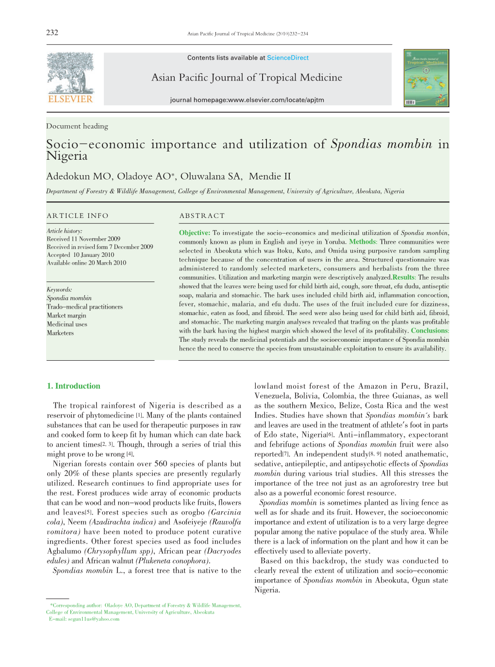 Socio–Economic Importance and Utilization of Spondias Mombin In