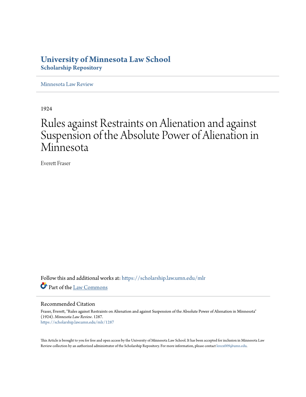 Rules Against Restraints on Alienation and Against Suspension of the Absolute Power of Alienation in Minnesota Everett Rf Aser