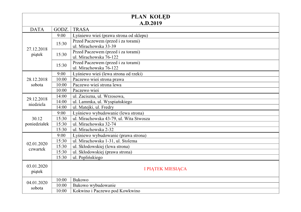 Plan Kolęd A.D.2019 Data Godz