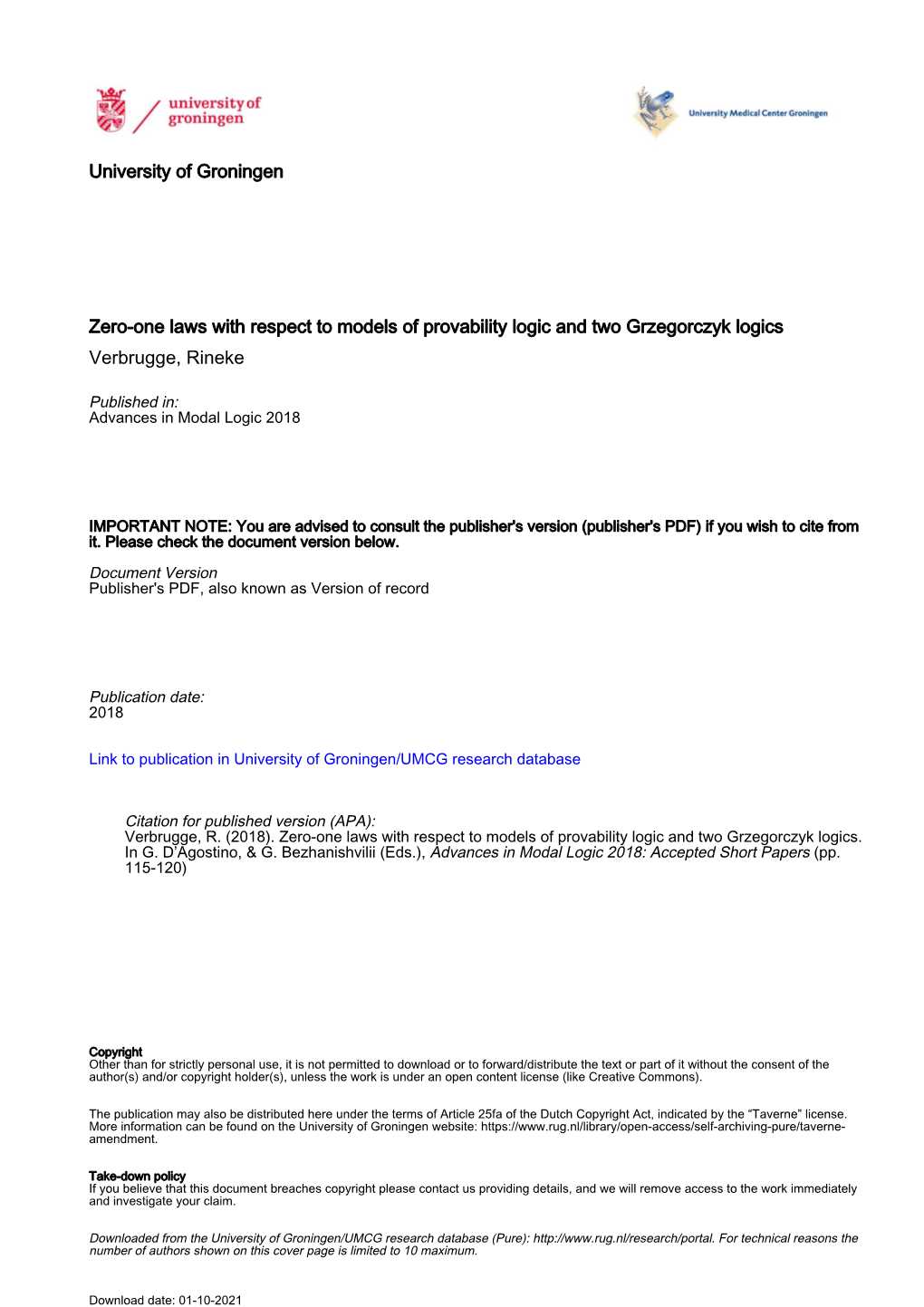 University of Groningen Zero-One Laws with Respect to Models Of