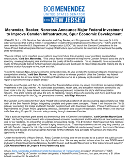 Menendez, Booker, Norcross Announce Major Federal Investment to Improve Camden Infrastructure, Spur Economic Development