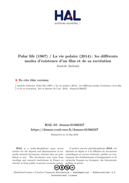 Polar Life (1967) / La Vie Polaire (2014) : Les Différents Modes D’Existence D’Un Film Et De Sa Recréation Anatole Audouin