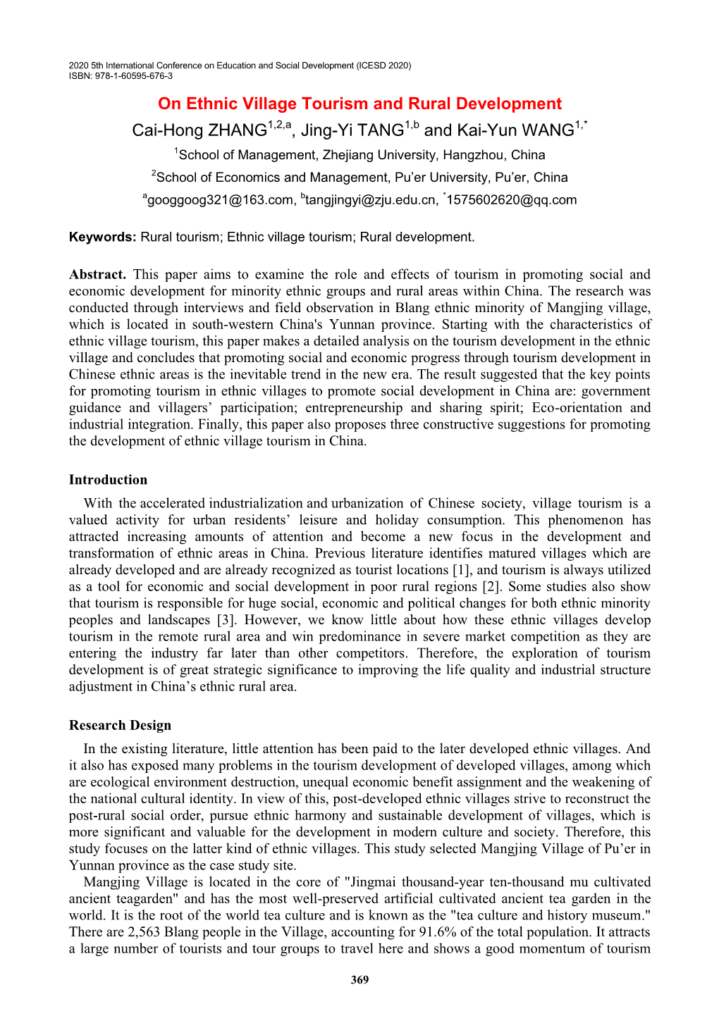 On Ethnic Village Tourism and Rural Development Cai-Hong ZHANG