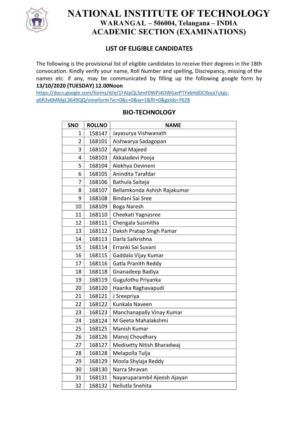 NATIONAL INSTITUTE of TECHNOLOGY WARANGAL – 506004, Telangana – INDIA ACADEMIC SECTION (EXAMINATIONS)