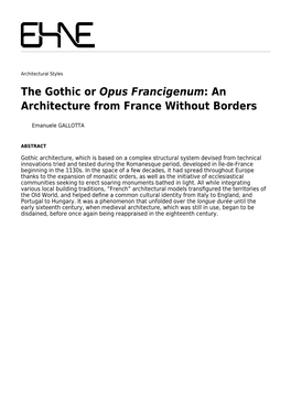 The Gothic Or Opus Francigenum: an Architecture from France Without Borders