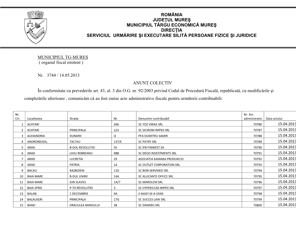 ( Organul Fiscal Emitent ) Nr. 3744 / 14.05.2013 ANUNŢ COLECTIV În Conformitate Cu Prevederile Art. 43