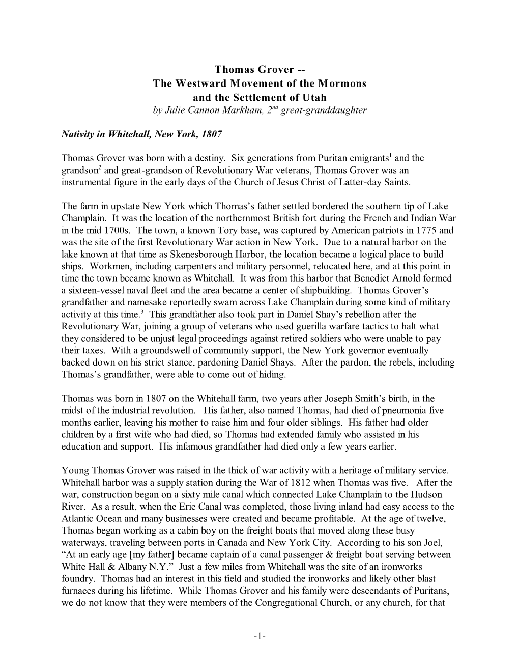 Thomas Grover -- the Westward Movement of the Mormons and the Settlement of Utah by Julie Cannon Markham, 2Nd Great-Granddaughter