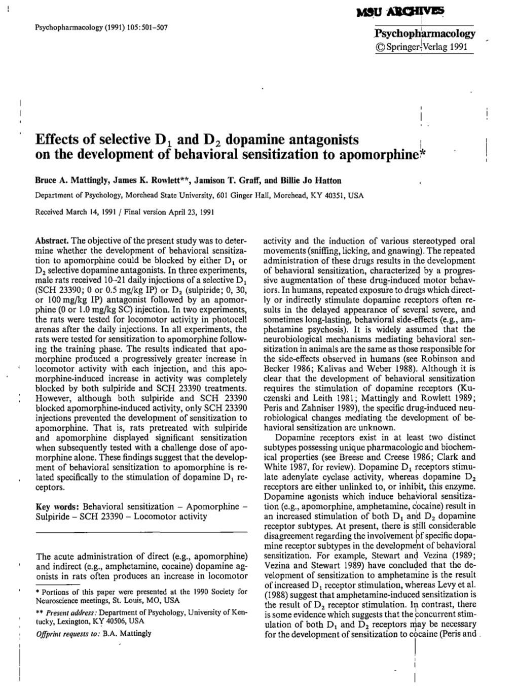 Effects of Selective D1 and D2 Dopamine Antagonists on The